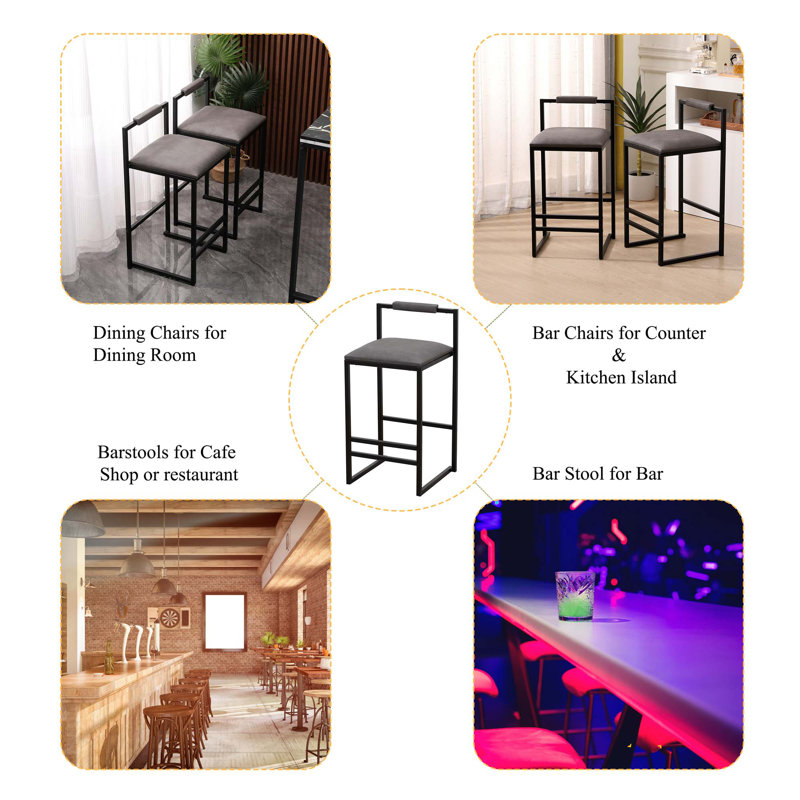Bar Stool With Backrest Set Of 2 Counter Height Upholstered Bar Chairs With Footrest, Gray