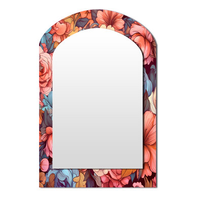 «Blossoming Retro Pink and White Roses - Wildflowers Asymmetric Unique Wall Mirror Decor»