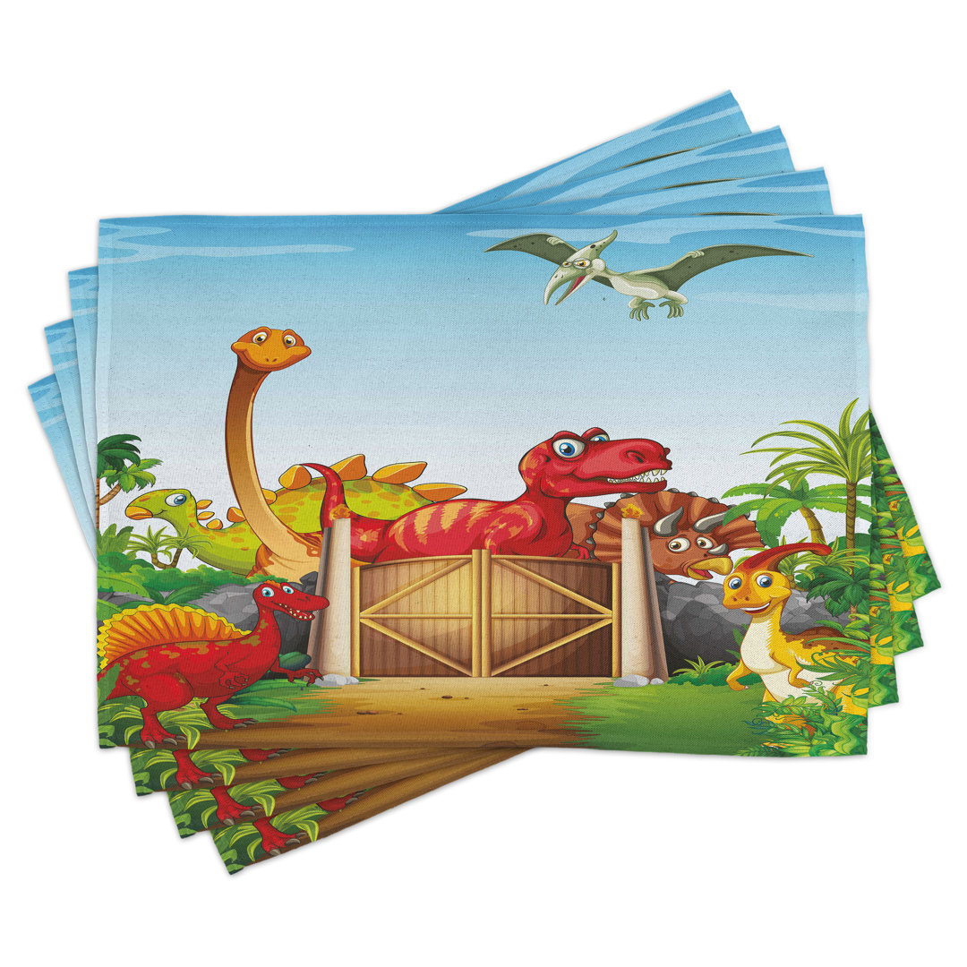 Platzdeckchen 4er Set, Cartoon Dinosaurier im Park, Multicolor