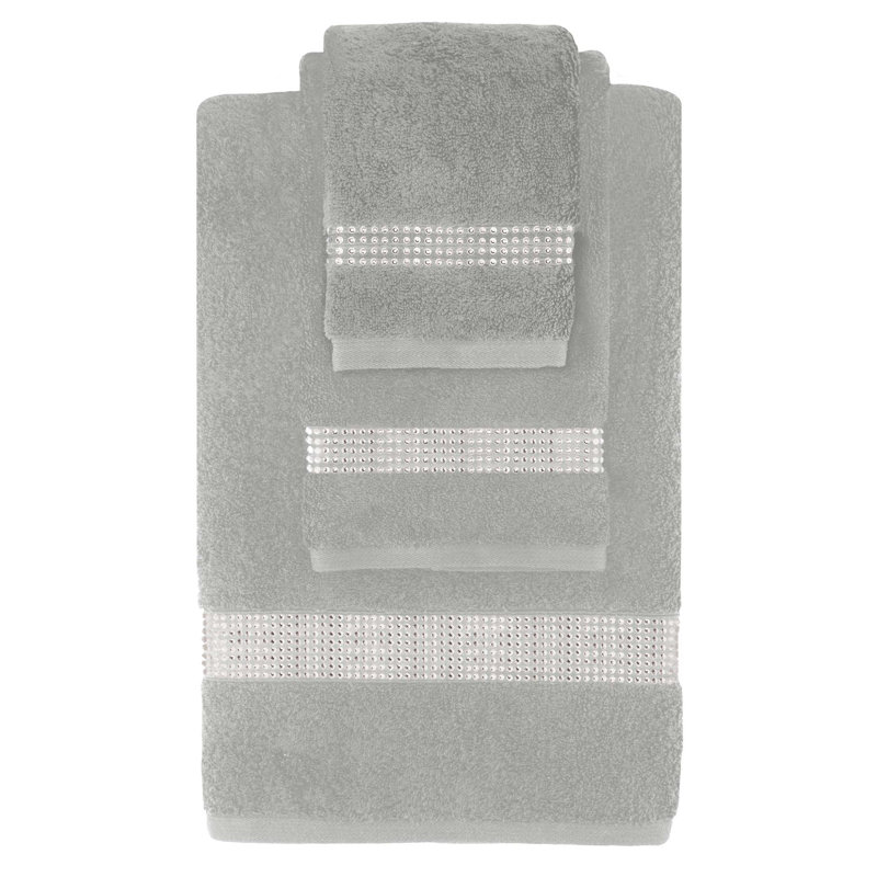Sparkles Home | 3 Piece Cotton Towel Set | Rhinestone Stripe | Elegant Bathroom Decor, Gray