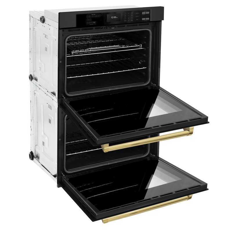 ZLINE 30 in. Autograph Double Wall Oven w/ Air Fry and Self Clean w/ Black Handles, Polished Gold, Black Stainless Steel
