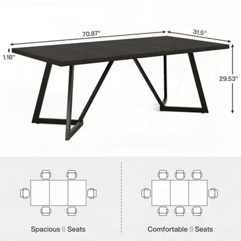 Contemporary Large Rectangular Table - 70.96" x 31.49", MDF & Metal Legs