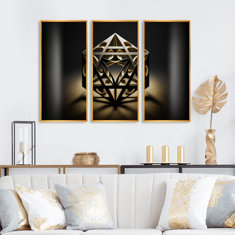 Monochromie sacrée géométrie II - 3 pièces sur toile, H 20 po x l 36 po x P 1 po, Toile avec cadre flottant or