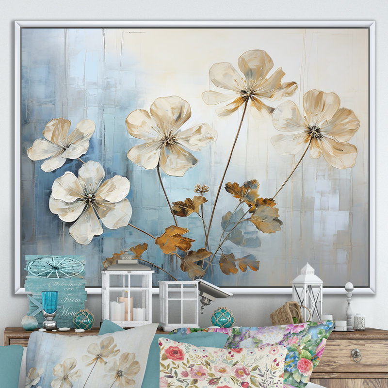 Geraniums bleus dorés III, Cadre flottant blanc, H 30 po x l 40 po x P 1,5 po