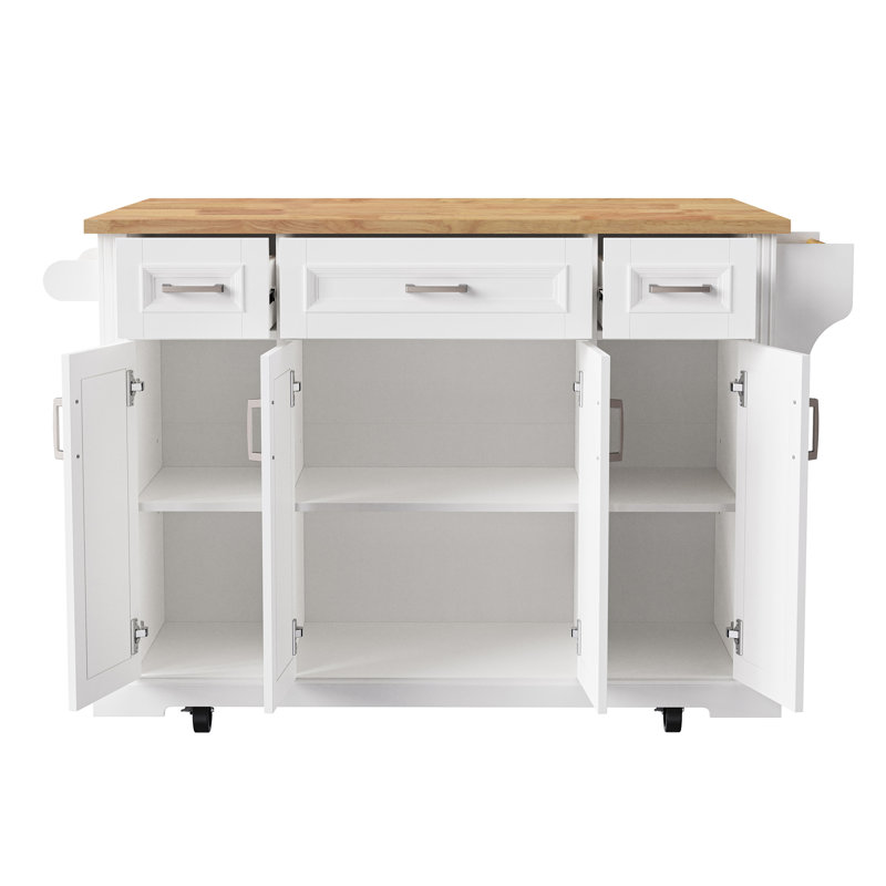 54Inch Large Kitchen Island With Rubber Wood Drop Leaf, Embossed Texture Rolling Kitchen Cart On 4 Wheels With 4 Doors And 3 Drawers, Kitchen Island With Storage For Kitchen, Dining Room