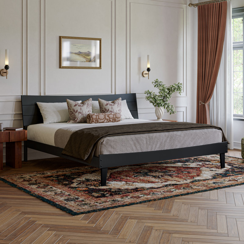 Lit plateforme en bois Phoenix avec pied de lit assorti, Black, Très grand lit
