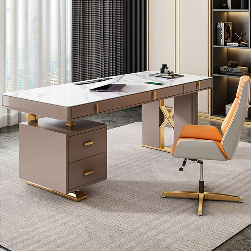 Beige Rectangular Sintered Stone Desk,5-Solid Wood drawer, 29.53" H x 70.87" W x 27.56" D