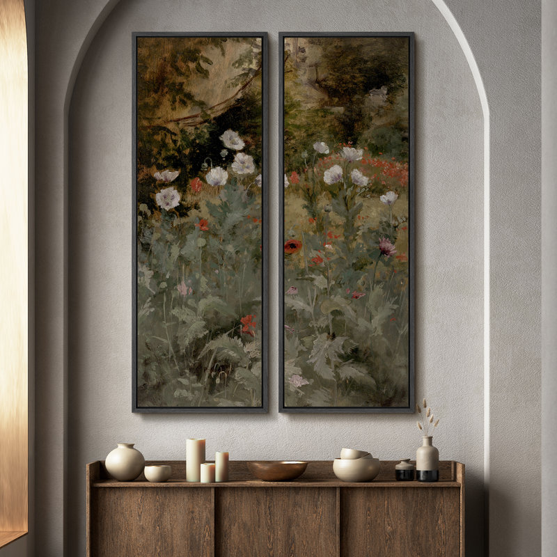 Ensemble de 2 toiles encadrées 20 x 60 pouces Vintage Floral and Landscape, Noir