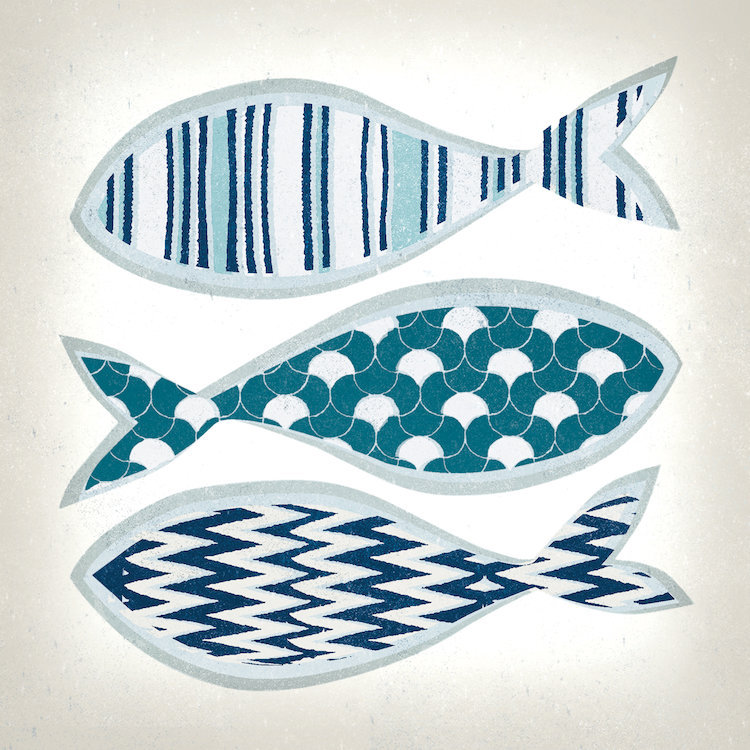 «Fish Patterns I», estampe numérique sur toile tendue avec châssis, H 12 po x l 12 po x P 0,75 po, Toile tendue, Pas de tapis