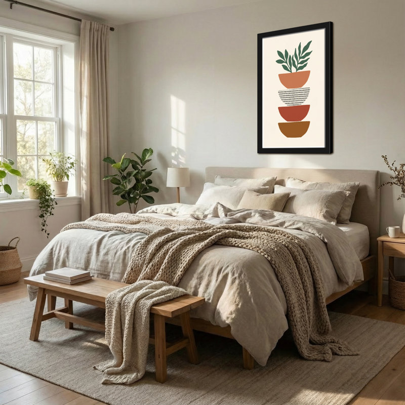Pots abstraits empilés avec motif de plantes vertes, H 12 po x l 18 po