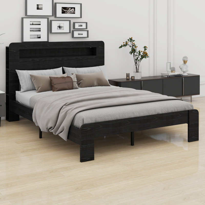 Base de lit en bois avec ports USB et tête de lit avec éclairage DEL, rangement sous le lit, Grand lit, Noir foncé