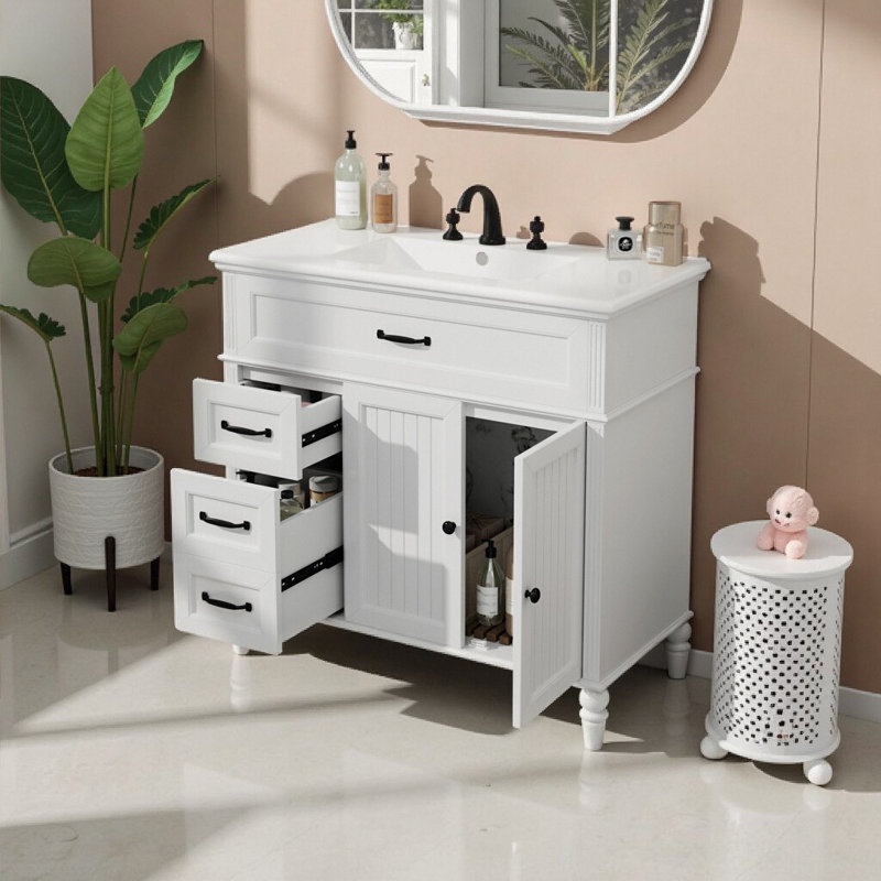 Élégant meuble-lavabo autoportant de 36 po avec lavabo en céramique | Charme rétro, rangement à fermeture en douceur et accès facile à la plomberie