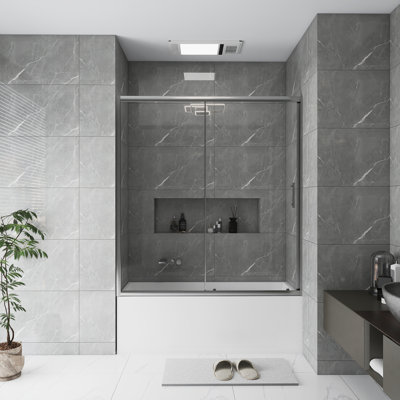 60.In W X 62.In H Bathtub Shower Screen | Single Sliding | 1/5 Inch Thick Transparent Tempered Glass | With Stainless Steel Handle | Chrome