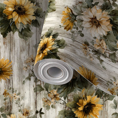 Peel and Stick Wallpaper Contact Paper Vintage Sunflower Botanical Print Rustic Wood Panel Self Adhesive and Removable 24in x 118in(60x300cm)
