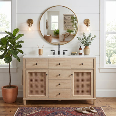 Meuble-lavabo simple autoportant de 48 po avec plateau en céramique, cadre en bois massif et portes en rotin 48 po