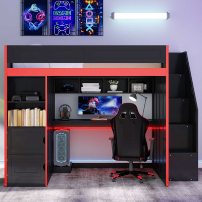 Lit mezzanine pleine grandeur avec bureau, rangement et lumières DEL - Lit de jeu pour adolescent moderne et peu encombrant