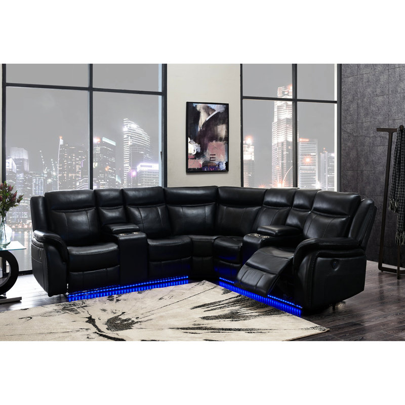 Canapé modulaire en cuir noir avec éclairage DEL bleu - 2, 5 sièges inclinables et 5 sièges