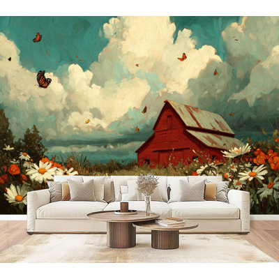 Rustique pelez et collez, papier peint en grange rouge rétro Wildflower Field Serene, peinture murale, papier peint amovible en PVC de 100 po x l 144 po pour chambre à coucher, salon, maison de ferme