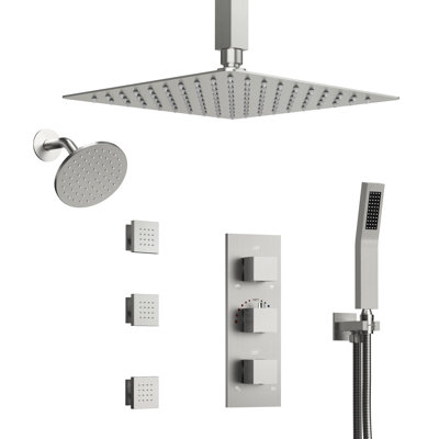Thermostatic Dual Showerheads System, Ceiling Mount 12" High-Pressure Rainfall Shower Faucet with Handheld Spray