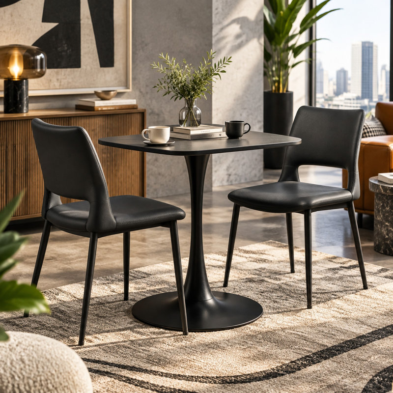 Ensemble de table de bistro contemporaine à pieds en métal et chaises à dossier ajouré lisse, Black