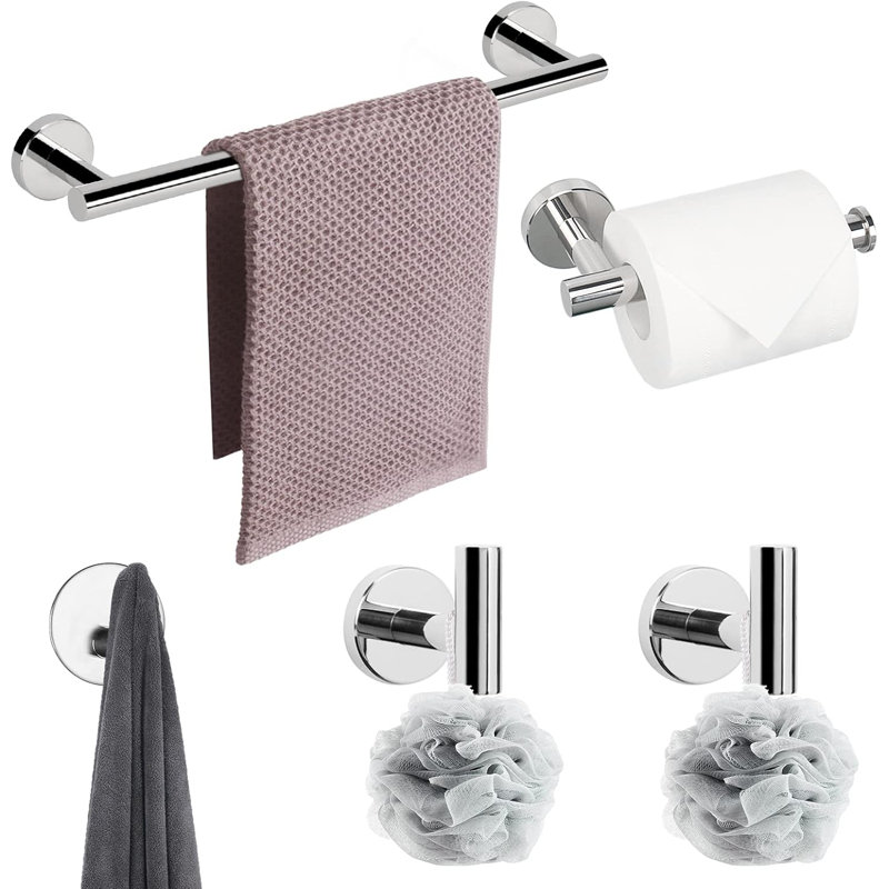 Ensemble de quincaillerie de salle de bain 5 pièces - Porte-serviettes en acier inoxydable 304, porte-papier hygiénique et 3 crochets multifonctionnels - Finition chromée durable et résistante à la rouille