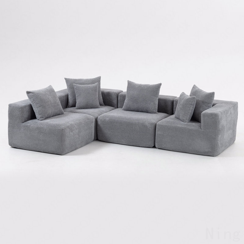 Modular L-Shaped Sectional Sofa, All-Foam Deep-Seat Couch In Plush Textured Chenille, Includes 5 Matching Pillows, Compressed Shipping, 111" W × 74" D × 23.6" H-Grey