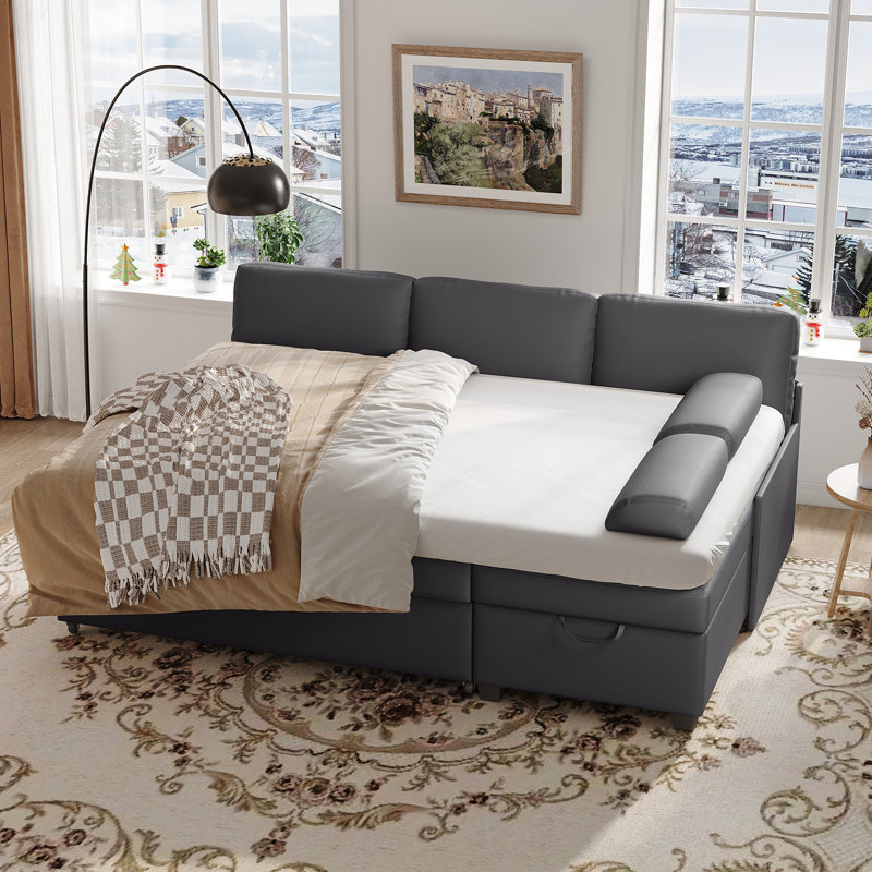 80" L-Shaped Sleeper Sectional Sofa with Pull-Out Bed and Storage Chaise, for Living Room Office, Gray Faux Leather