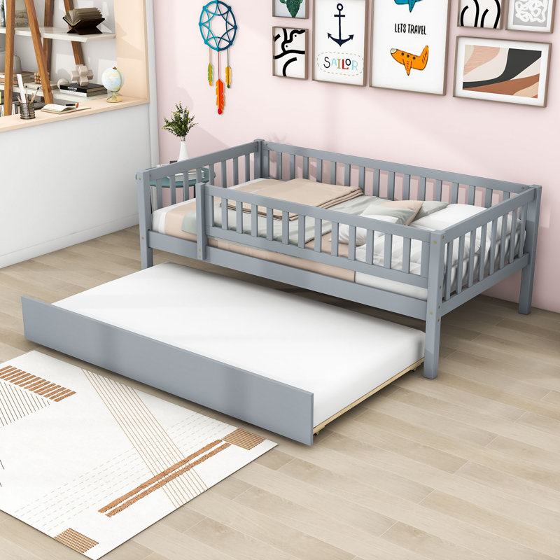 Wood Daybed with Twin Trundle and Guardrails, Gray, Twin