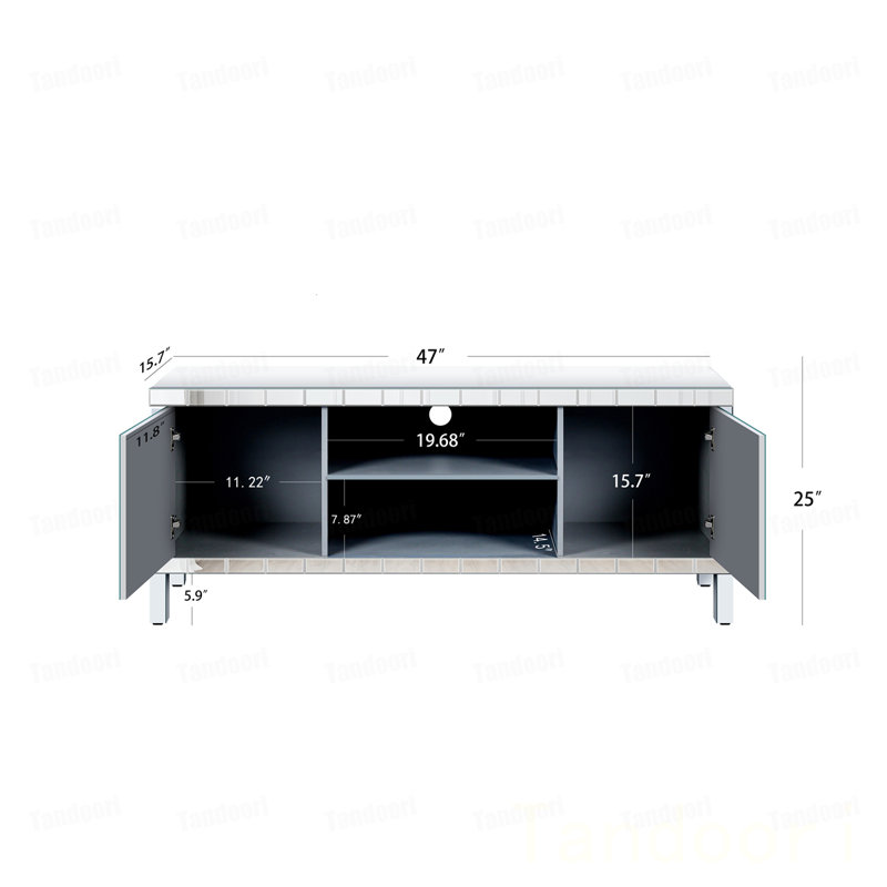 Console média miroir avec portes en verre diamant, conception à deux portes avec espace de rangement ouvert, compatible avec les téléviseurs de 50 pouces, décor moderne et chambre à coucher