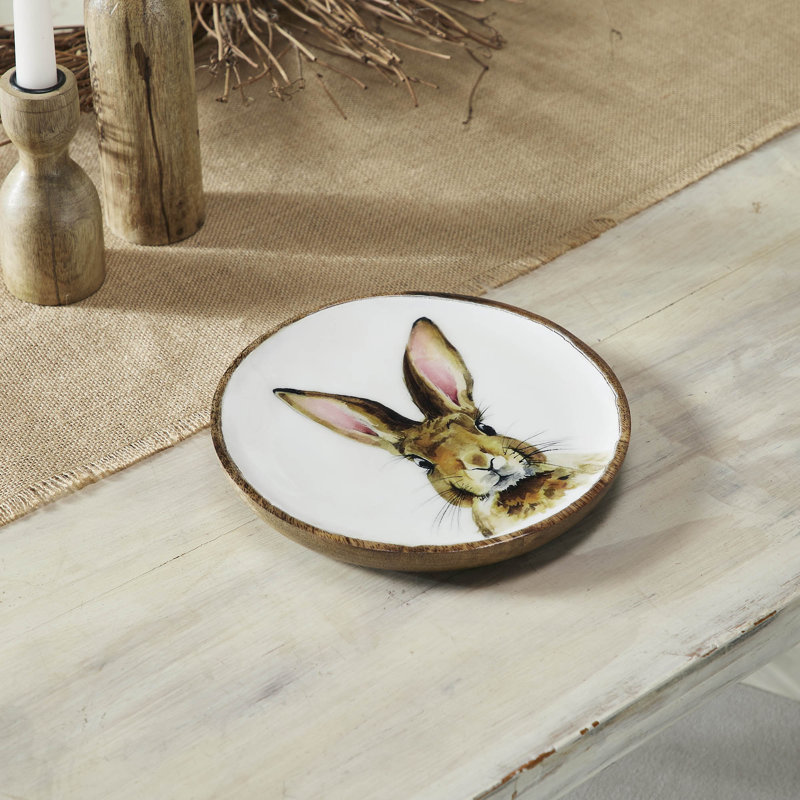 Bunny Hop Wooden Plate White w/ Bunny, 8.5" H x 8.5" W x 0.75" D