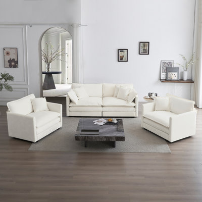  Ensemble de canapé modulaire 3 pièces, 2 fauteuils et canapé 2 places, tissu chenille avec coussins, blanc