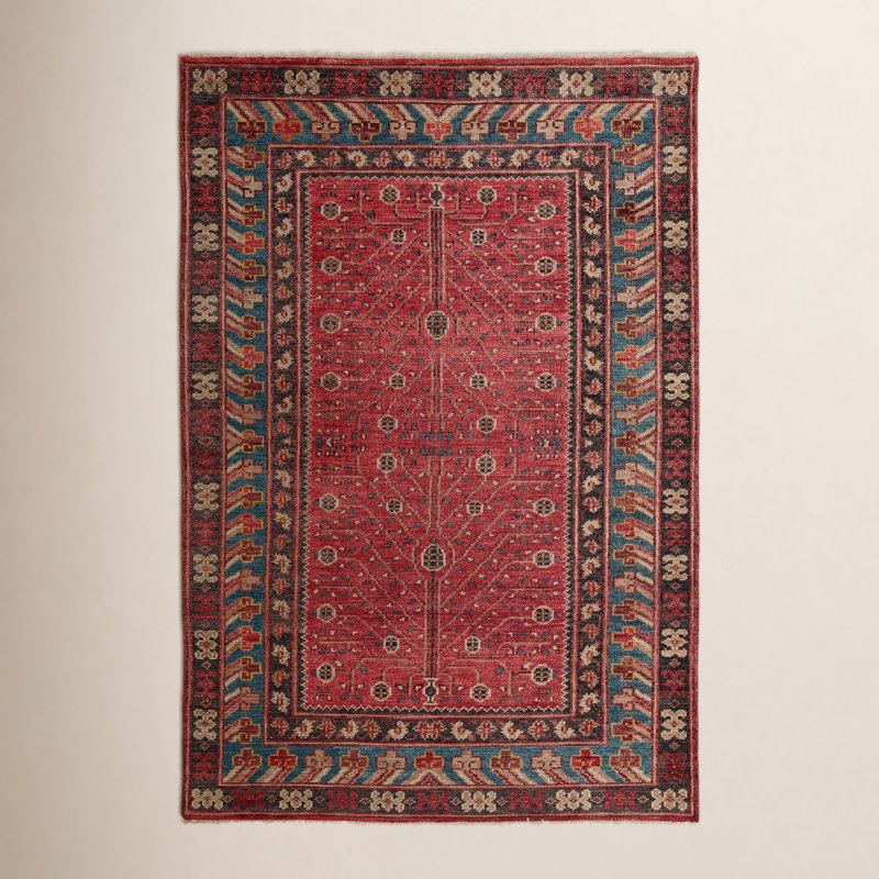 Donte Oriental Hand Knotted Wool Red Area Rug, Rectangle 8' x 10'