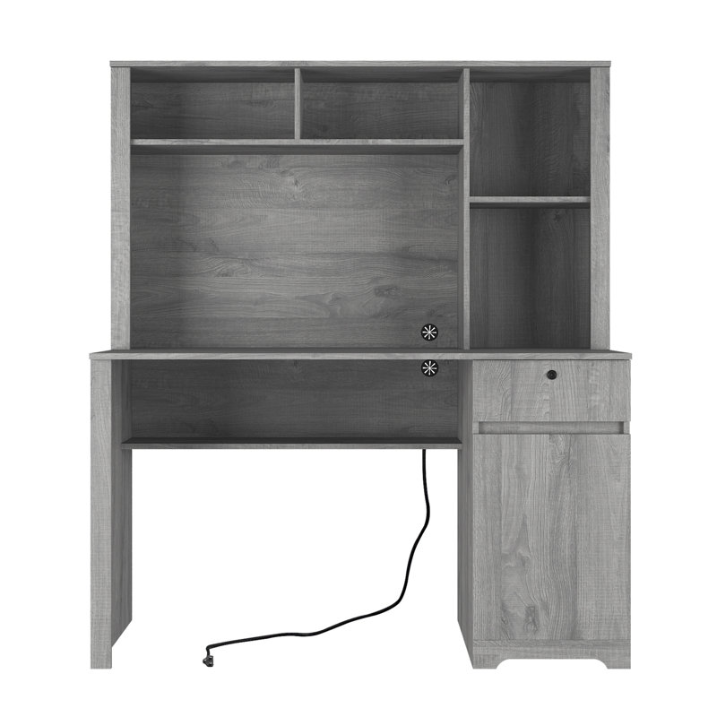 Wooden Computer Desk With Bookshelf, Cabinet, Drawer And 3 AC Outlets And 2 USB Charging Ports, Grey