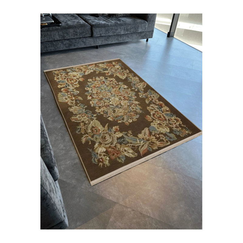 Floral Themed Mixed Flower Rose Patterned Fringed Vintage Decorative Carpet, Round 4'