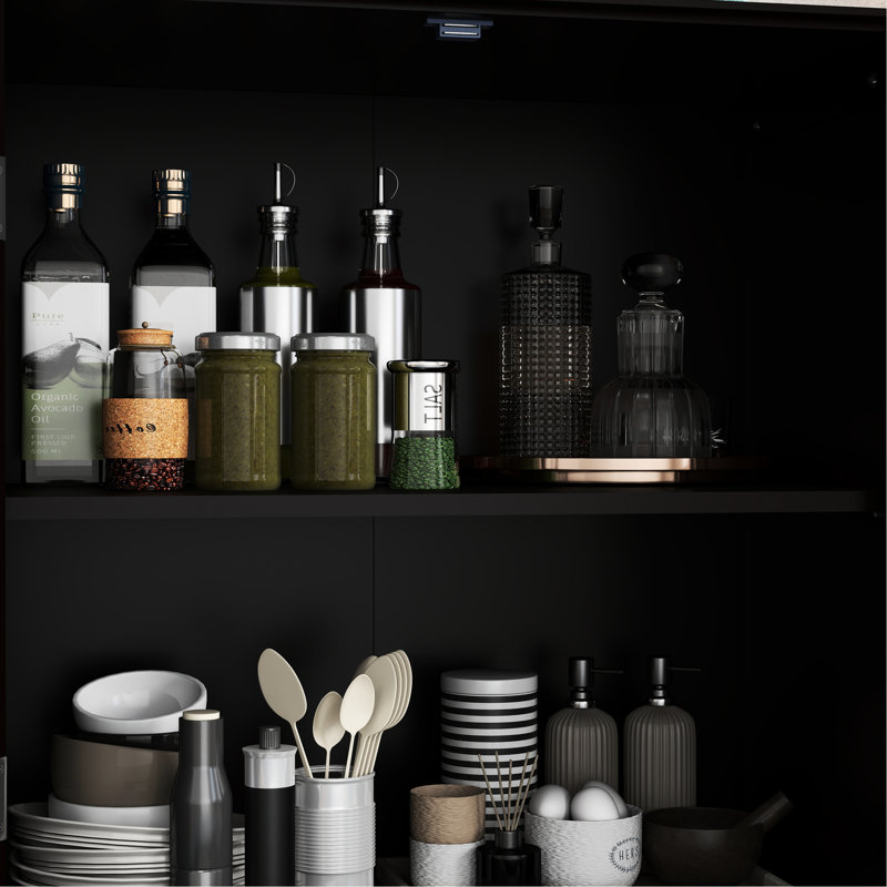 Buffet noir avec portes doubles en verre et pieds en bois massif, pour la cuisine, la chambre à coucher - surface peinte à base d'eau, compartiment de tiroir de compartiment personnalisable, chambre adaptée, couloir
