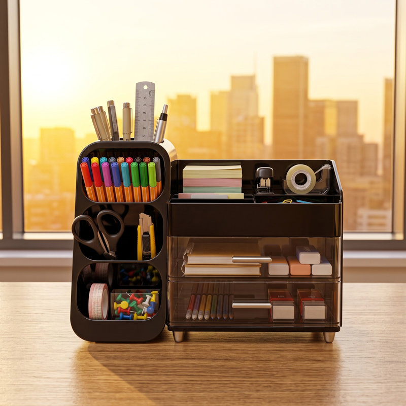 Organisateur de bureau avec porte-stylos et porte-crayons, rangement de bureau avec 2 tiroirs et 4 compartiments, organisateur de fournitures de bureau en plastique pour le bureau, la maison, l'école, noir