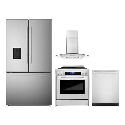 Cosmo 4 Piece Kitchen Appliance Package with French Door Refrigerator , 29.8'' Gas Freestanding Range , Built-In Dishwasher , and Wall Mount Range Hoo -  COS-4PKG-644