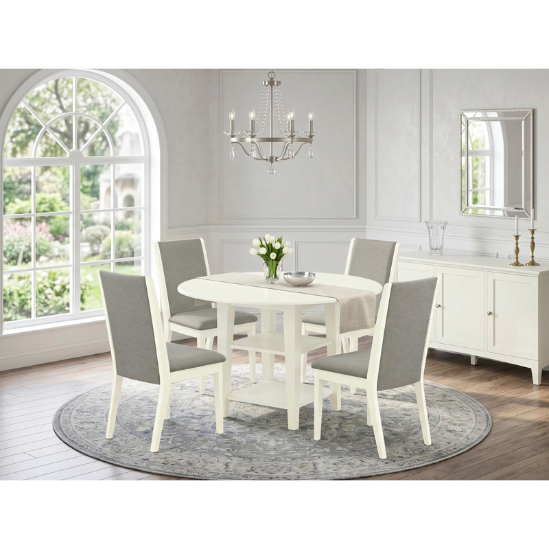5 Piece Dinette Set Includes a Round Dining Room Table with Dropleaf & Shelves and 4 Shitake Linen Fabric Upholstered Chairs, Linen White