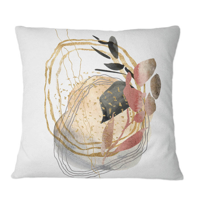 Bouquet de fleurs abstraites roses, contours dorés I - Coussin décoratif imprimé moderne, 18 po x 18 po