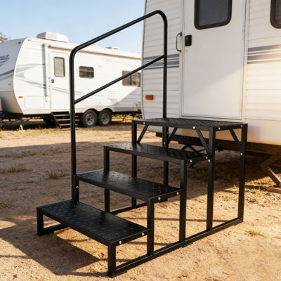 4-Step RV Steps with Dual Handrails, Heavy Duty Portable RV Access Stairs, Quick Assembly Mobile Home & Travel Trailer Entry Steps for Adults Kids Outdoor Use