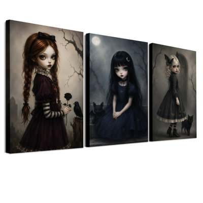 Ensemble de 3 toiles murales représentant trois jeunes filles gothiques avec des chats noirs et une scène d'Halloween