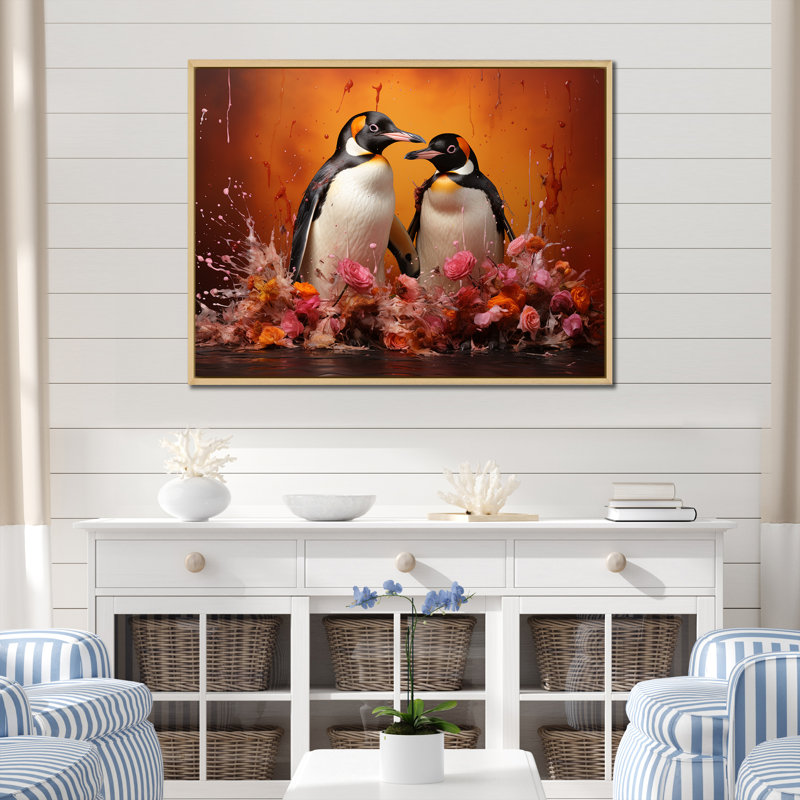 Flower Couple Penguins World, Cadre flottant naturel, H 24 po x l 32 po x P 1 po