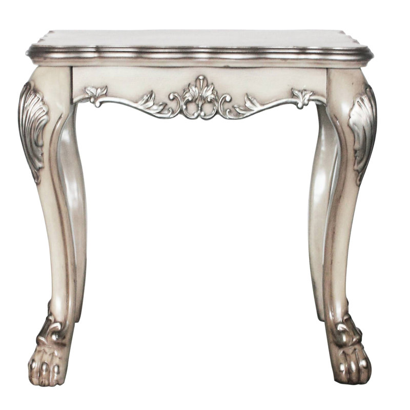 Table de bout carrée classique en blanc os rétro avec des motifs captivants et un tablier en bois festonné