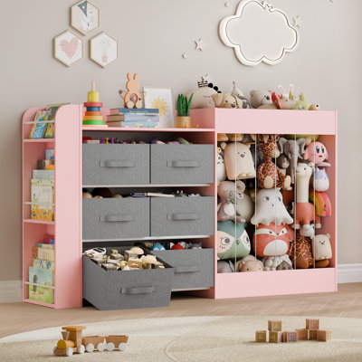 Meuble de rangement pour jouets de 155,4 cm de large, bibliothèque pour enfants avec 6 bacs de rangement en tissu, rangement pour peluches, casiers à 3 niveaux pour salle de jeux, chambre d'enfant, crèche (rose)