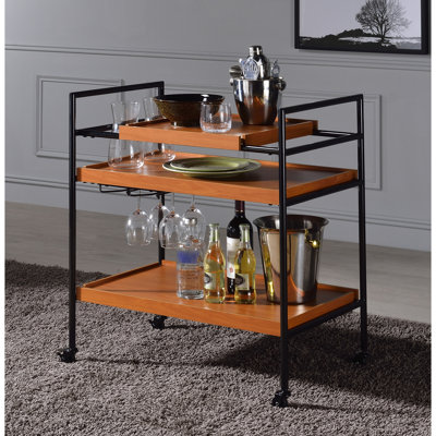 Serving Cart In Black And Oak, 3 Open Compartments With Wooden Adjustable Trays, 13.73 In. Depth, Metal Synthetic Wood Rectangular Oaken Honey Oak & Finish Cart, 20Lbs Shelf Weight Limit, 28.33