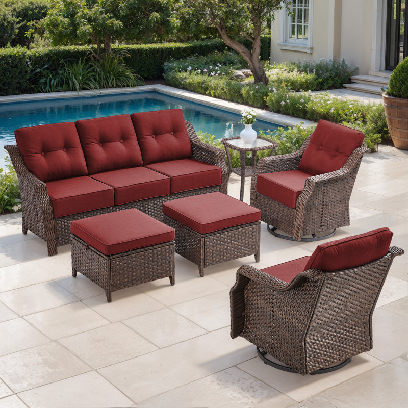 Sami 6-Piece Wicker Patio Furniture Set, 6-Inch Ultra Thick Cushioned 360° Swivel Glider Chairs & Multifunctional Ottomans