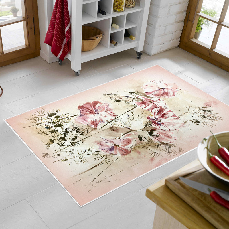 Tapis rose / blanc / vert en polyamide tissé à la machine Elverda, Rectangle 5 pi 3 po x 7 pi 7 po