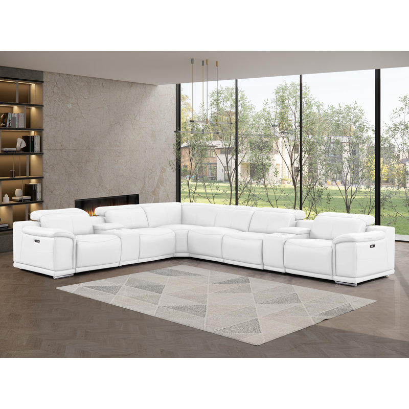8-Piece L-Shaped Power Reclining Sectional In Genuine Leather – 4 Recliners, White Top Grain Leather