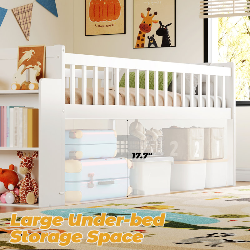 Bed Frame With Storage Shelf, Wooden Bed With Slide And Ladder, Guardrail, White