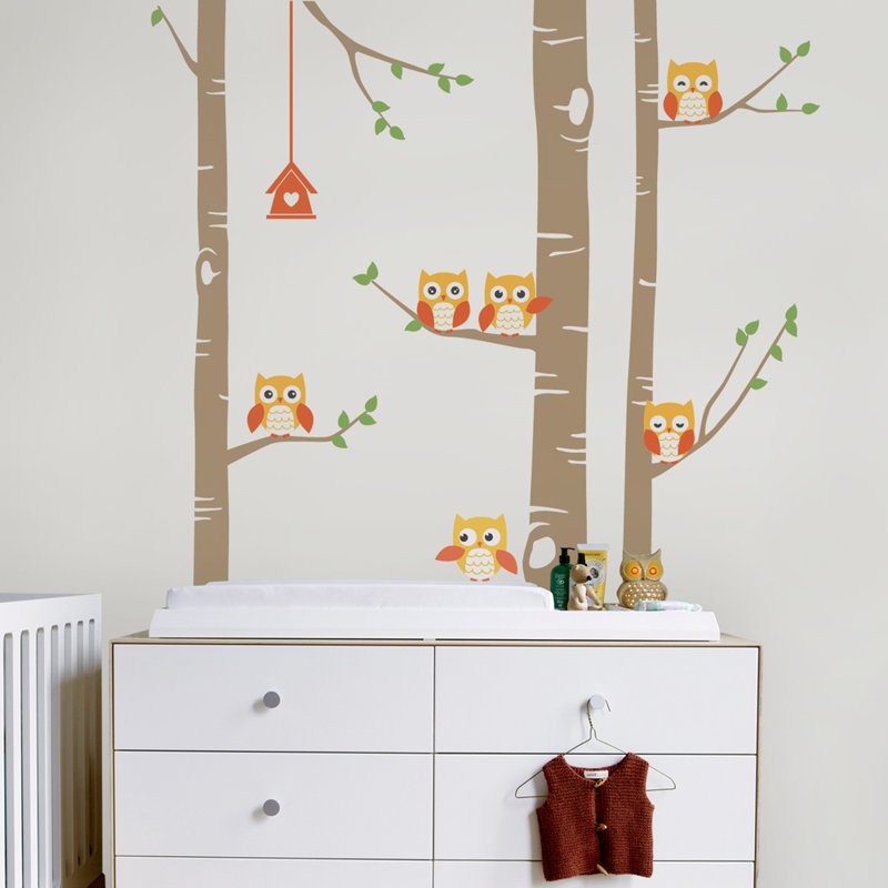 Décalcomanie murale arbre bouleau avec owls, H 108 po x l 67 po, Beige, brun, orange